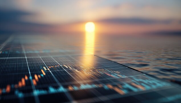 Digital financial data display over water at sunset