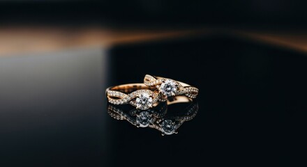 Glittering gold rings entwined on a glossy, reflective surface