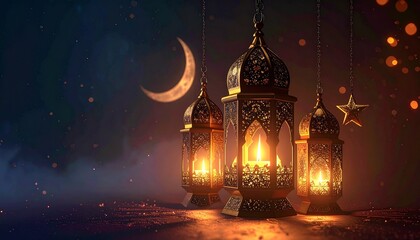 Fototapeta premium Beautiful 3D rendering of glowing Ramadan lanterns and a crescent moon, creating a magical atmosphere on an elegant soft background