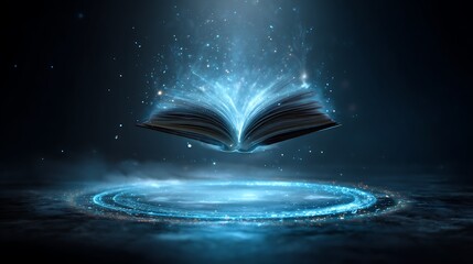 An open book floating above a glowing blue circle with sparkling lights against a dark background scene
