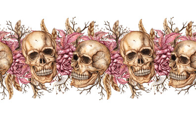 Skull with dark red roses, feathers and branches watercolor illustration. Bones in gothic style. Day of the Dead, Halloween, Dia de los muertos. Isolated from background. Pattern horizontal, border,