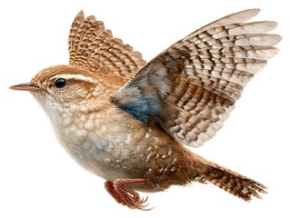 An adorable eurasian wren bird is depicted mid flight with its brown wings spread against white background.