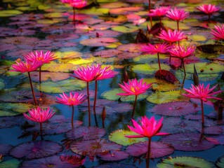Vibrant pink lotus flowers in a tranquil pond