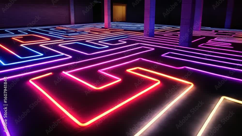 Poster immersive neon labyrinth, glowing maze patterns on floor, futuristic architecture