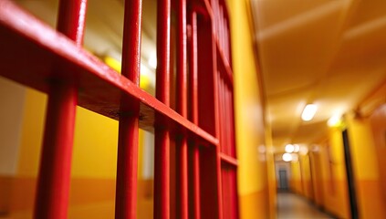 Red metal bars in a yellow corridor