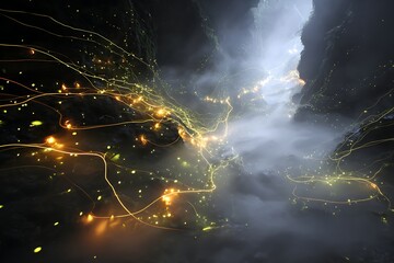 Abstract depiction of glowing light trails amidst a dark, misty, and cloudy environment, with a bright opening