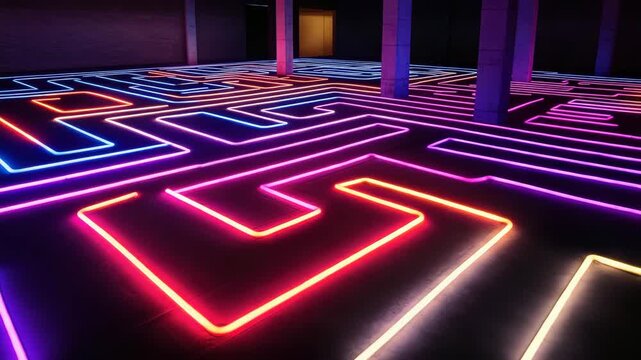 Immersive neon labyrinth, glowing maze patterns on floor, futuristic architecture