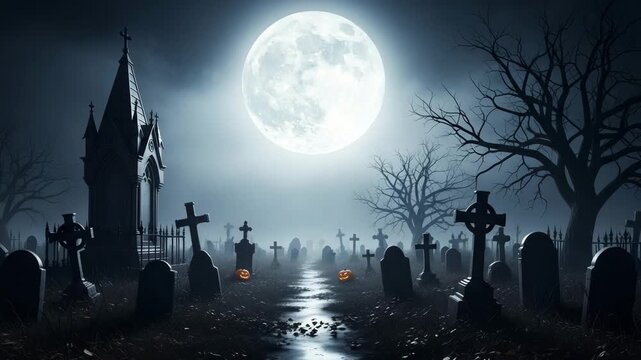 A spooky halloween night unfolds in a misty cemetery under a large luminous full moon with gothic tombstones and glowing jackolanterns lining a wet path