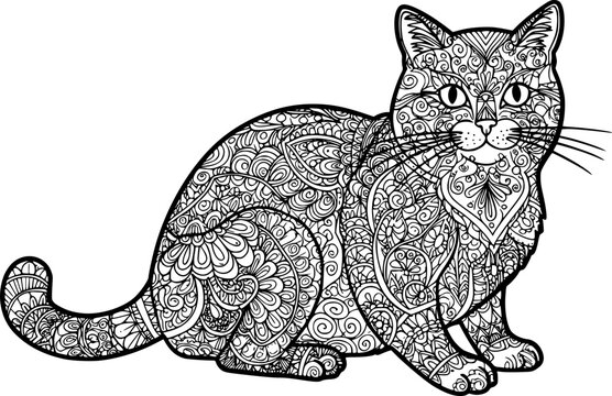 Vector zentangle cat print for adult coloring page. Hand drawn