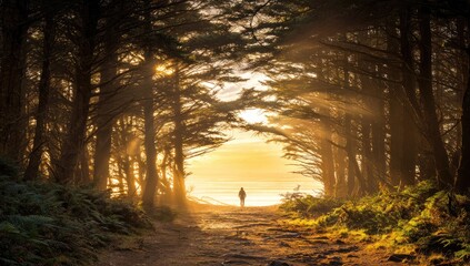 Golden sunbeam path through a tranquil forest
