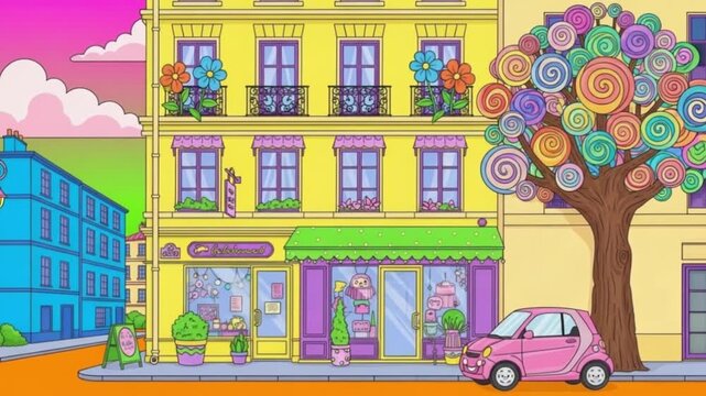 Whimsical Cartoon Cityscape: Candy Shop Colorful Buildings Pink Car Lollipop Tree.
