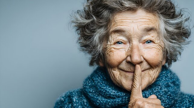 A charming senior woman with grey curly hair playfully asks for silence while wea a knitted sweater.