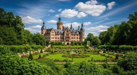 Fototapeta premium Grand castle with garden under bright blue sky