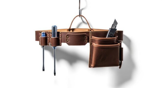 Hanging brown leather tool belt with tools on a white background