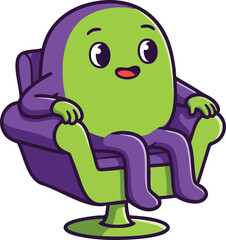 Obraz premium Cute green and purple cartoon character sitting on modern chair vector illustration for fun and playful design 