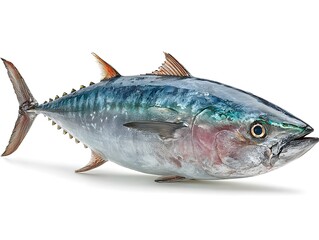 Fototapeta premium A vibrant whole tuna fish displays iridescent blues and silvers against a stark white studio background now.