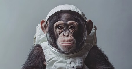 A spaceman chimpanzee, dressed in a space suit and helmet, is shown standing on a white background, conveying the notion of primacy and development through this conceptual representation