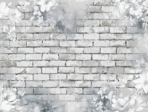 Fototapeta Gray and white textured brick wall with floral accents