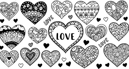 Hand drawn ethnic ornamental patterned hearts with love in doodle