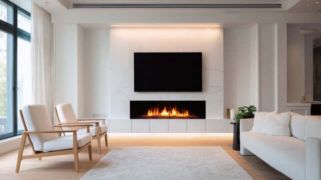 Sala de estar lujosa minimalista con pared blanca con una parte de marmol, television plana colgada y chimenea moderna debajo encastrada, sofas claros, suelo porcelanico y grandes ventanales metalicos