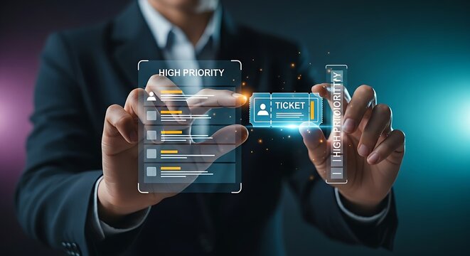 Ticket prioritization concept. A support agent's hand drags a single holographic ticket into a "HIGH PRIORITY" column on an interface.