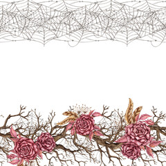 Frame top edge decorated with cobweb, bottom - with burgundy roses and dry branches, Square with two borders. Watercolor illustration for Halloween and Day of the Dead. Isolated from the background.