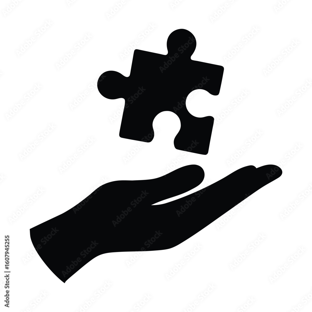 Poster hand holding puzzle piece vector illustration for problem solving and solution concept design elemen
