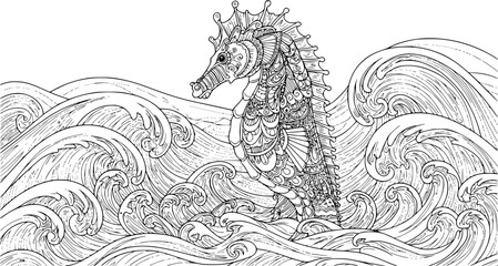 Fototapeta premium Hand drawn artistic Sea horse in waves for adult coloring page