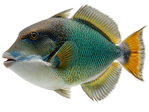 A beautiful tropical reef triggerfish with iridescent scales swims in the clear blue ocean water today.