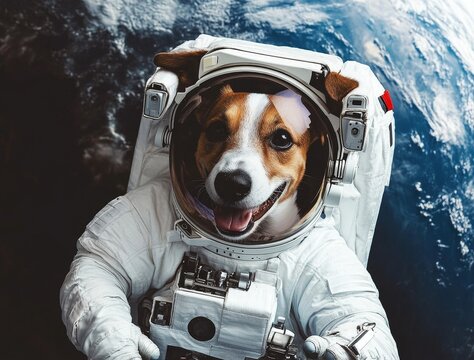 A stock image features a space-suited dog on a planet's surface and an astronaut in space, embodying the concept of space art