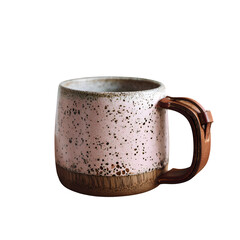 Pink Speckled Mug with Leather Handle on Wooden Desk --v 7.0 --s 250