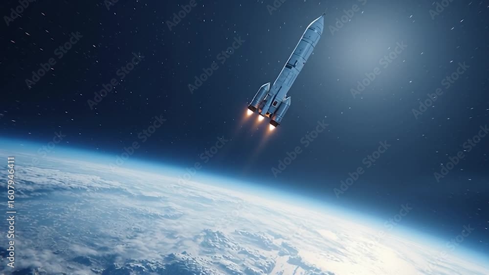 Wall mural rocket in space with earth background. view from space. the rocket flies and rotates.