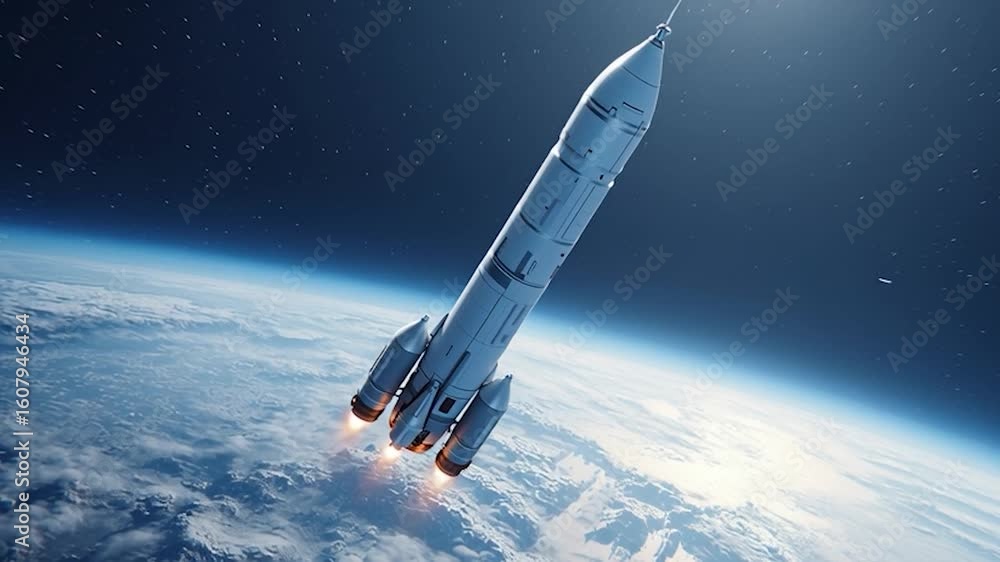 Wall mural rocket in space with earth background. view from space. the rocket flies and rotates.