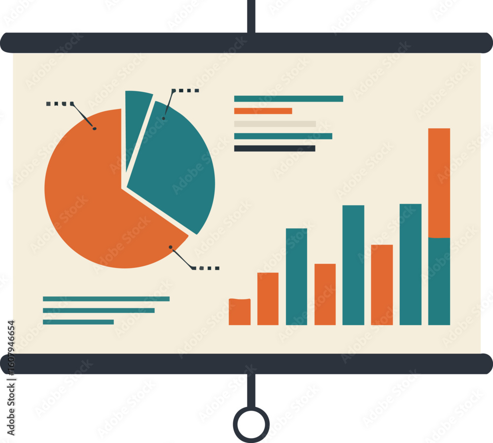 Poster data presentation with pie chart and bar graph in orange and teal colors on a projection screen vect