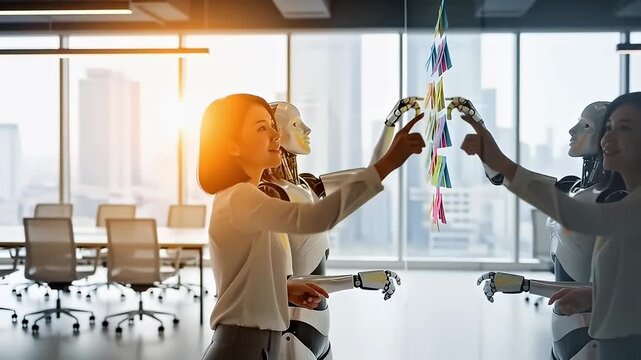 Businesswoman and AI robot using sticky notes for brainstorming session on glass wall in modern office with city view