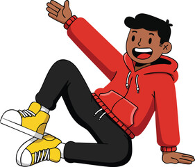 Young man wearing red hoodie and yellow sneakers sitting happily on the floor vector illustration 