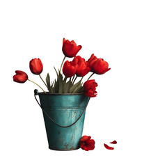 Red Tulips in Teal Bucket by Blue Door --v 7.0 --s 250