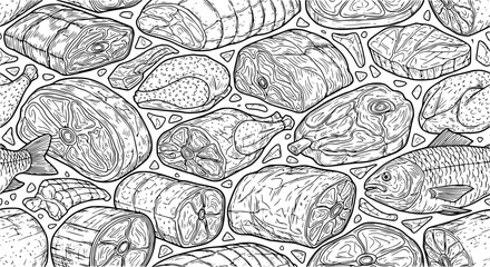 Hand drawn artistic meat seamless pattern for adult coloring page