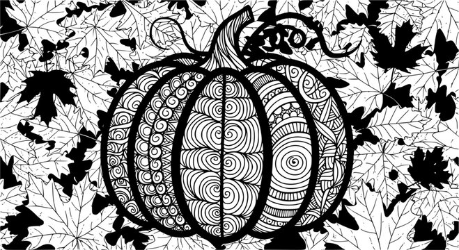 Zentangle stylized Pumpkin on autumn leaves background for Halloween