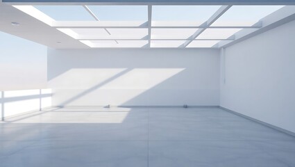 Fototapeta premium Contemporary minimalist terrace with concrete floor, cold tones, soft shadows, 3D architectural render