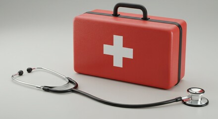 A vivid red first aid kit with a white cross and a polished silver stethoscope on a neutral gray background, highlighting a medical theme.