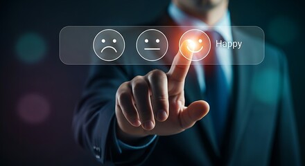 Obraz premium Customer satisfaction (CSAT) survey concept. A hand selects a single 