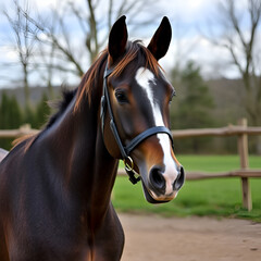 Poortrait of a young dressage horse during bitless training at rural equitation centre
