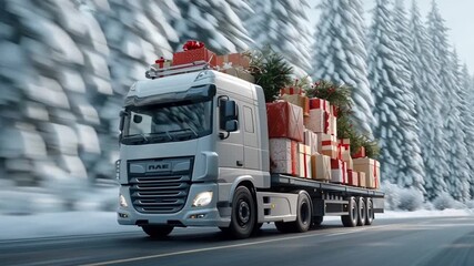 Christmas truck delivery on snowy mountain road with gift boxes and Christmas trees, surrounded by snowy forest and mountains - Powered by Adobe