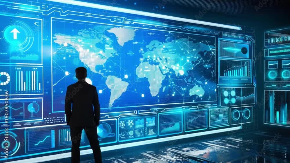 Poster businessman observes a futuristic wall-mounted digital dashboard displaying global data and various 