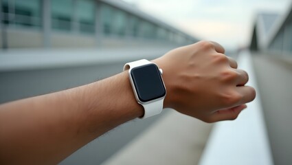 A stylish wearable technology Mockup featuring a blank screen on a smartwatch worn on a person's arm in a modern city setting.