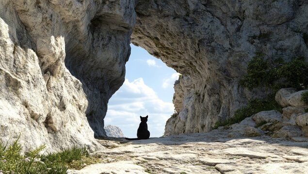 With copy space available on a cosmic background, a curious and adventurous cat is captivated by a swirling, mysterious portal that sparks its intrigue