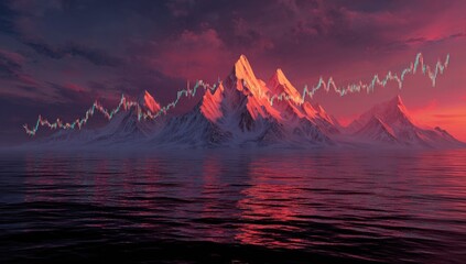 Snowy mountain range at sunset with financial chart overlay
