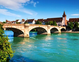 Fototapeta premium European city riverside view with bridge