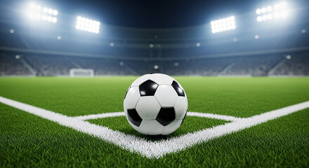 Fototapeta premium Dynamic Soccer Ball on the Field, Ready for Kickoff, Showcasing the Excitement and Energy of a Football Match in a Stadium